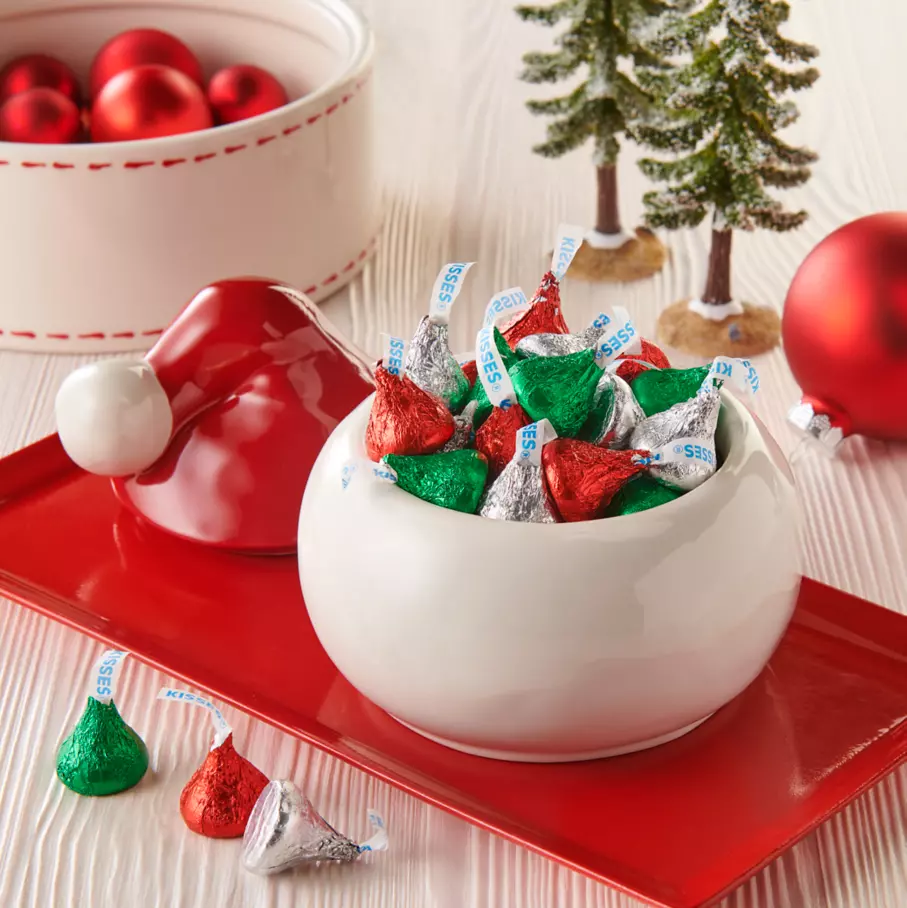 santa hat bowl filled with hersheys kisses holiday milk chocolate candy