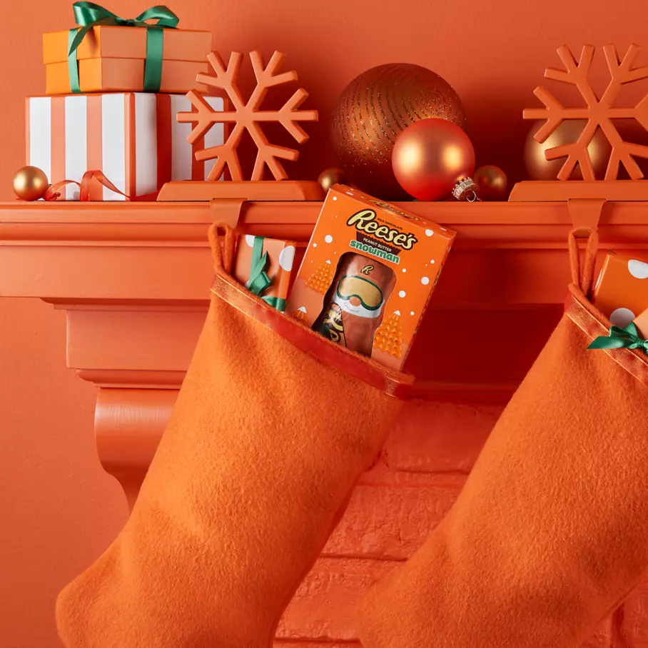 REESE'S Peanut Butter Snowmen inside Christmas stockings
