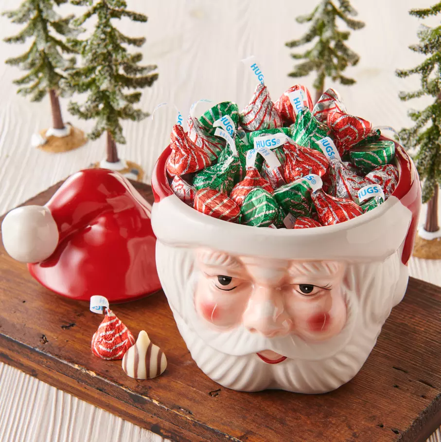 santa hat bowl filled with hersheys hugs holiday milk chocolate and white creme candy