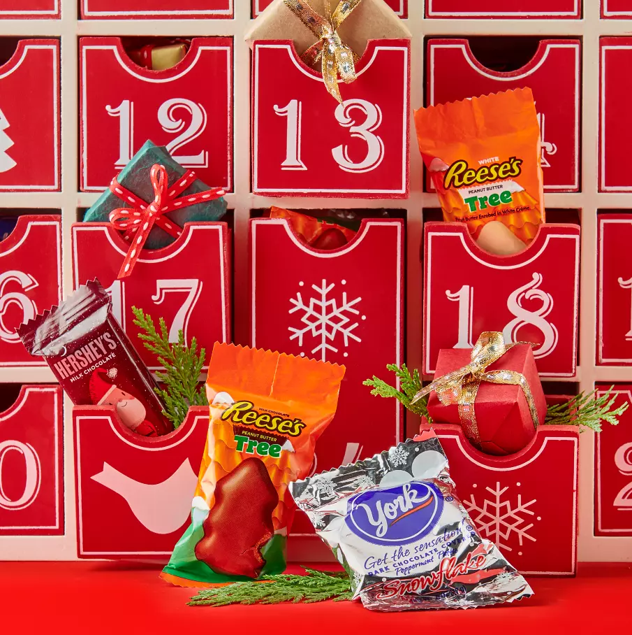 Assorted Hershey Stocking Stuffer Shapes Candy inside Christmas advent calendar