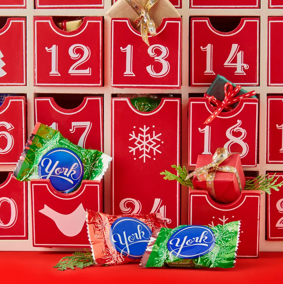 advent calendar drawers filled with york snowflakes dark chocolate peppermint patties