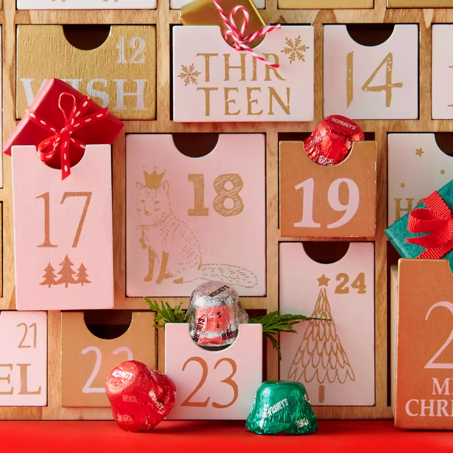 advent calendar drawers filled with hersheys holiday milk chocolate bells