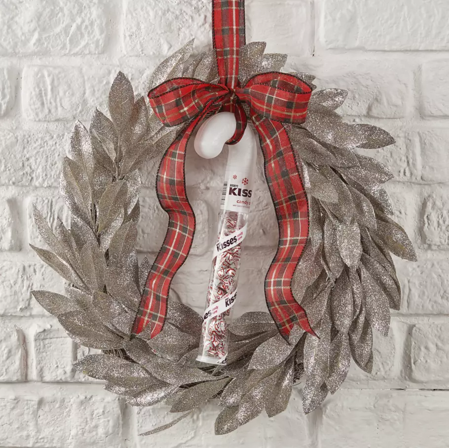 hersheys kisses mint candy cane hanging from holiday wreath