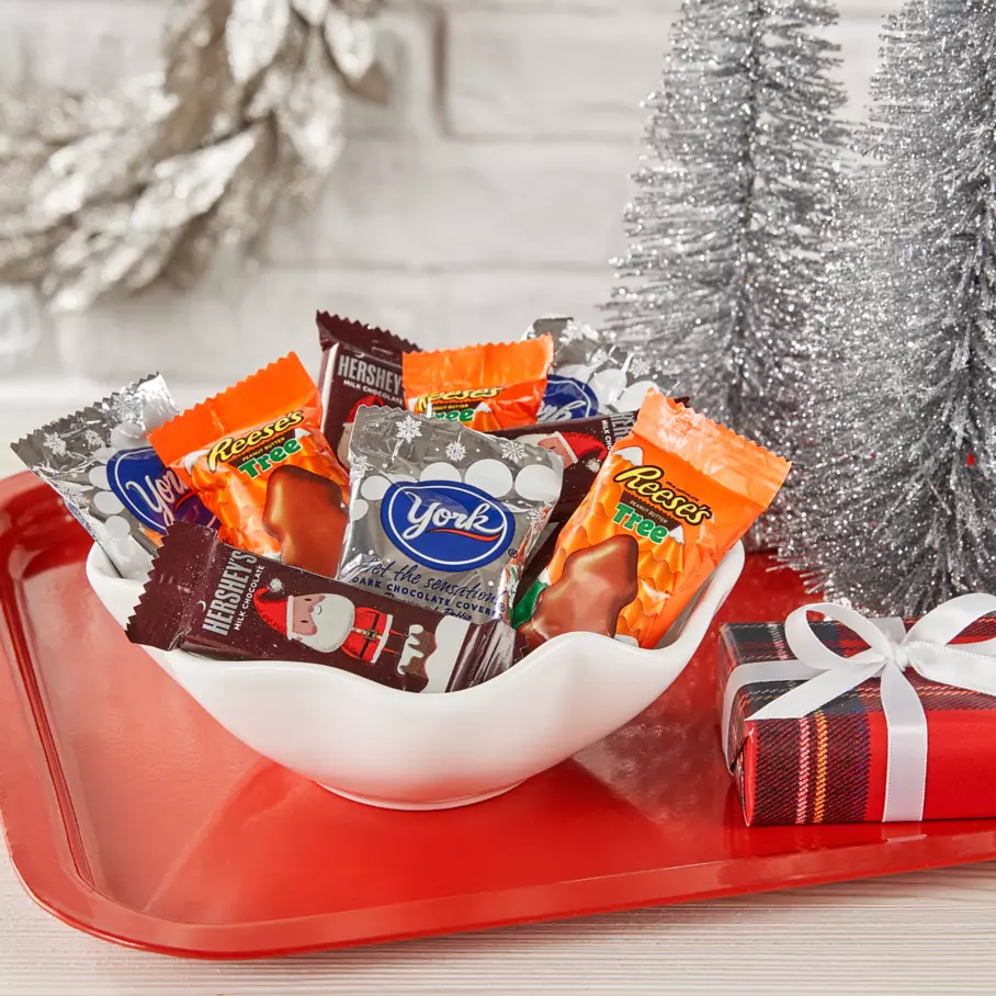 Bowl full of Assorted Hershey Stocking Stuffer Shapes Candy