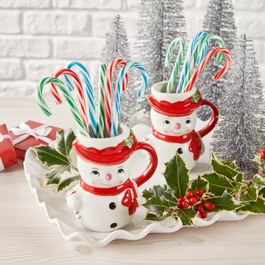 JOLLY RANCHER Candy Canes inside two snowmen mugs