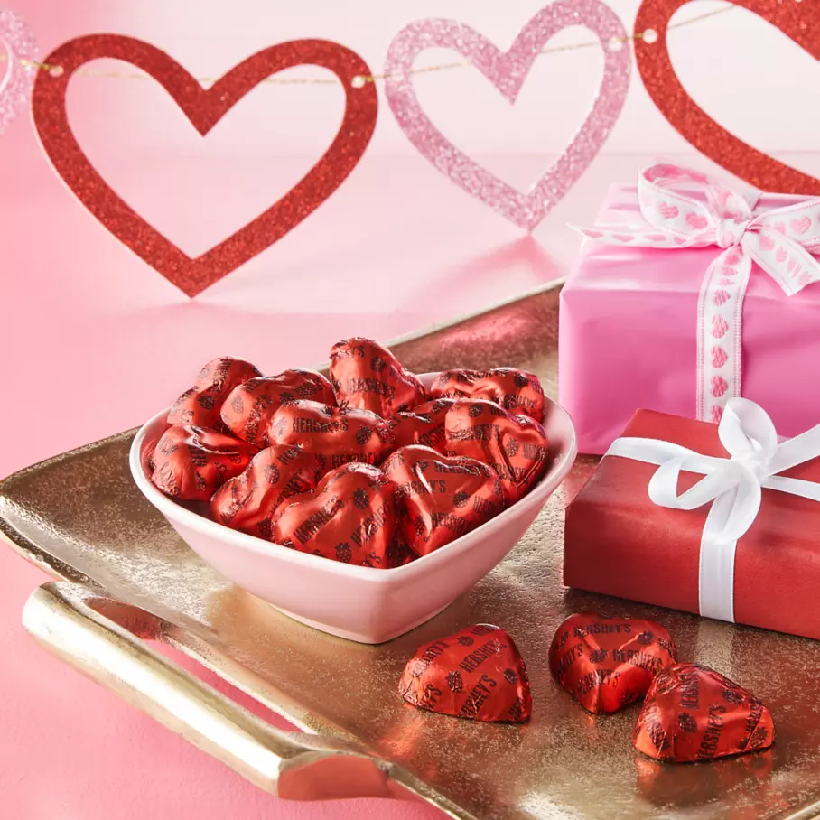 HERSHEY'S Strawberry Creme Hearts inside heart shaped bowl