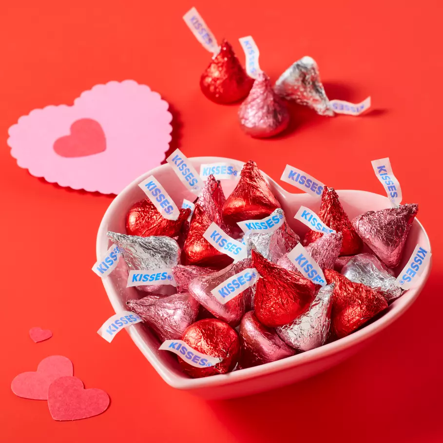 heart shaped bowl filled with hersheys kisses valentines milk chocolate candy