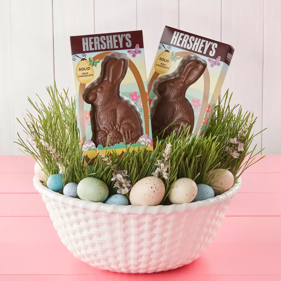 HERSHEY'S Solid Milk Chocolate Bunnies inside Easter bowl