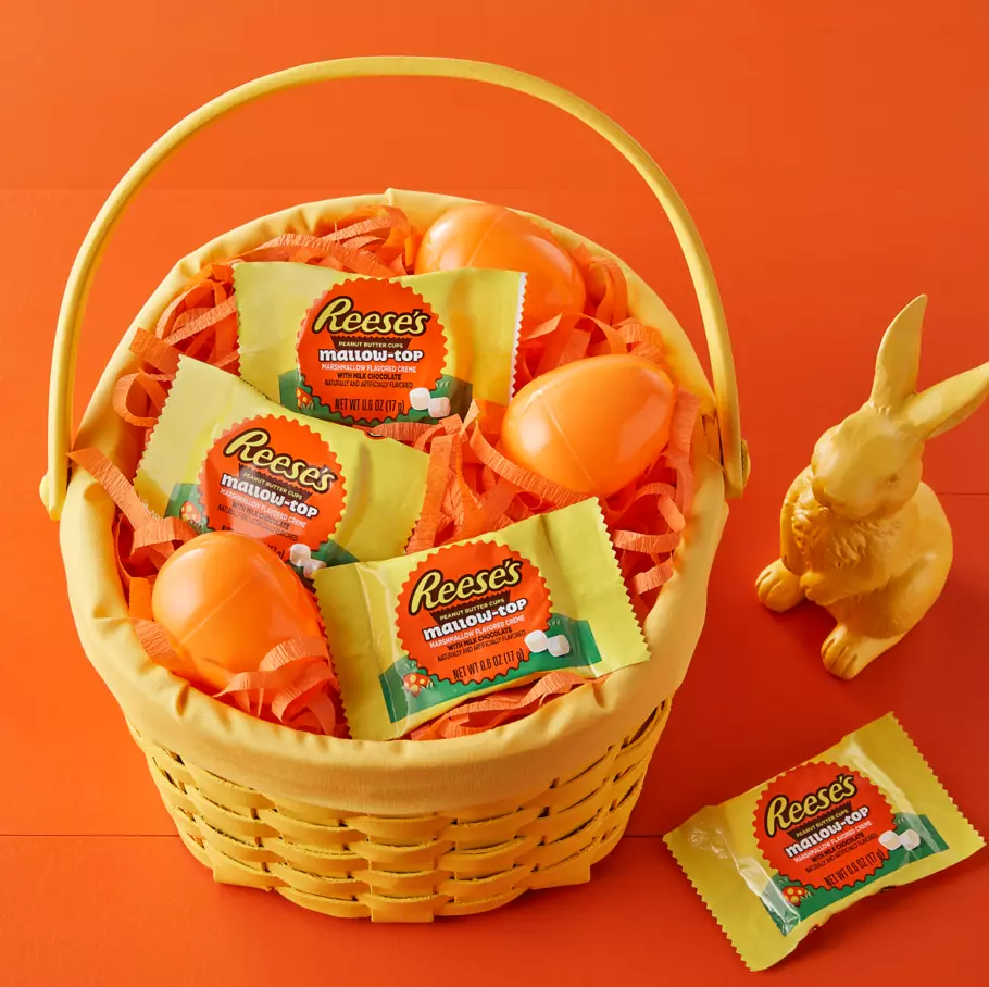 easter basket filled with reeses mallow-top milk chocolate snack size peanut butter cups