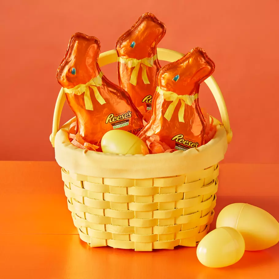 easter basket filled with reeses milk chocolate peanut butter bunnies