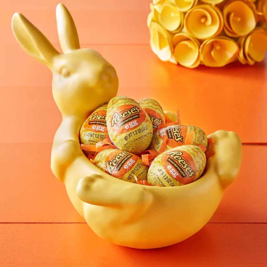 bunny shaped bowl filled with reeses milk chocolate peanut butter creme eggs