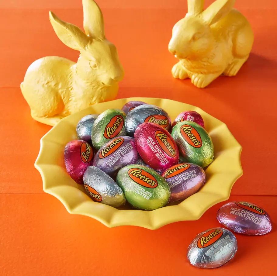 decorative bowl filled with reeses milk chocolate peanut butter eggs