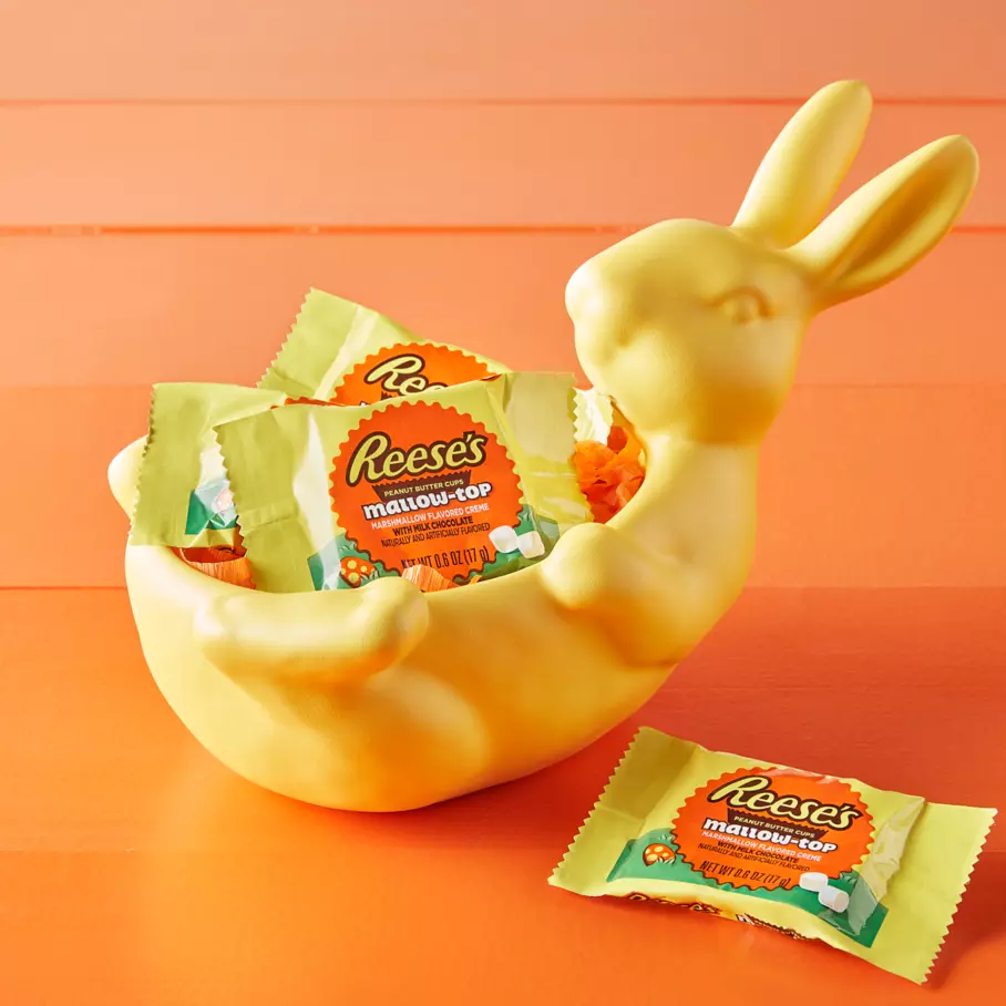 bunny shaped bowl filled with reeses mallow-top milk chocolate snack size peanut butter cups