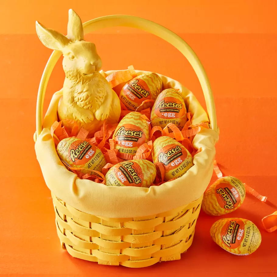 easter basket filled with reeses milk chocolate peanut butter creme eggs