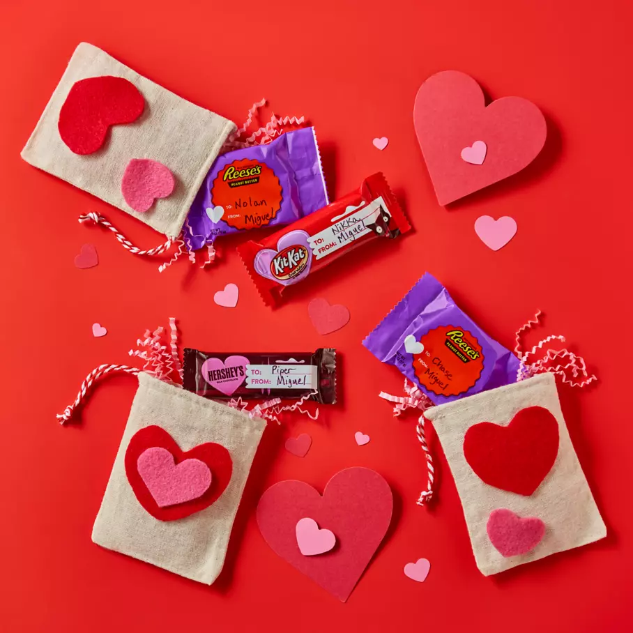 Hershey Valentine's Exchange Snack Size Candies inside festive pouches