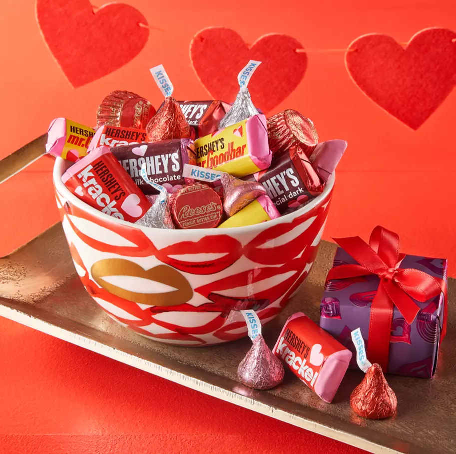 decorative bowl filled with hershey cupids mix assorted candy