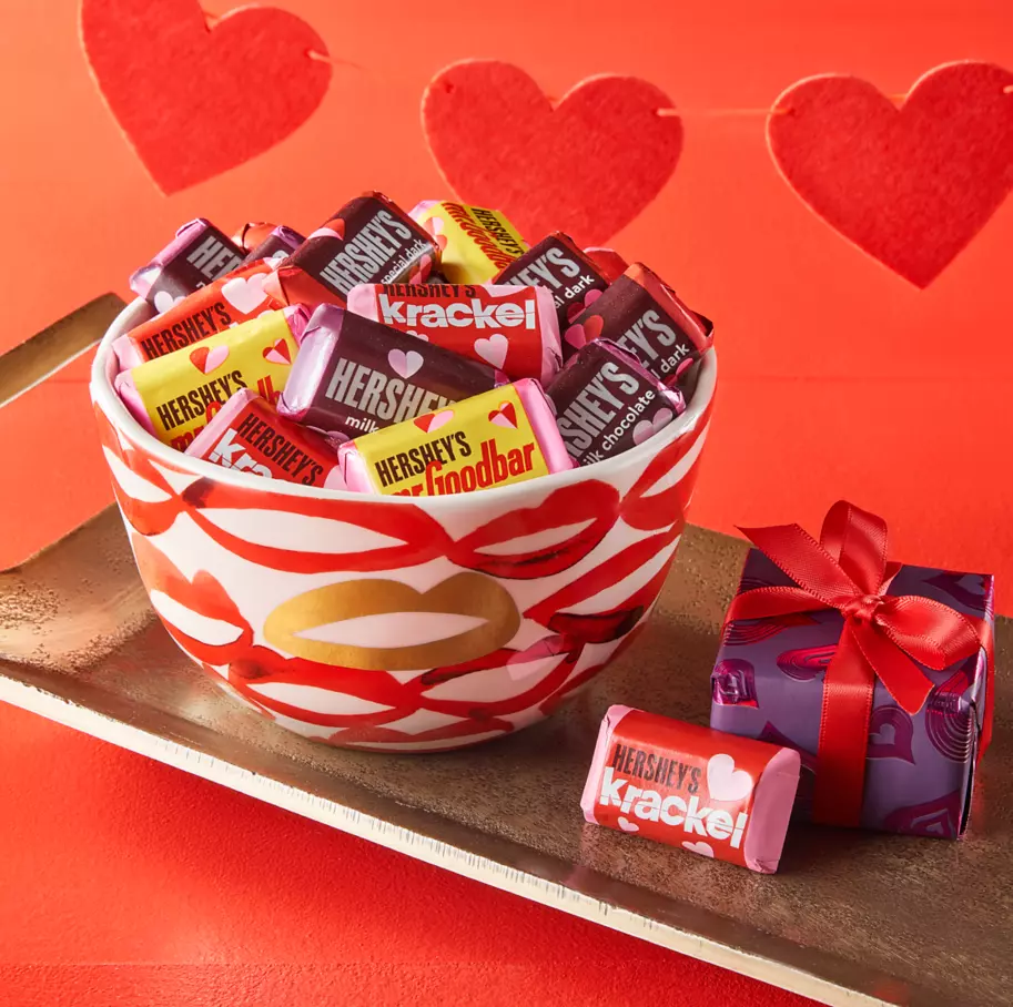 decorative bowl filled with assorted hersheys valentines miniatures candy