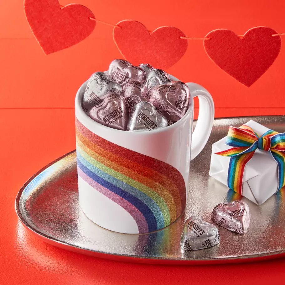 decorative mug filled with hersheys extra creamy milk chocolate hearts