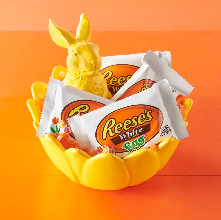 REESE'S White Creme Peanut Butter Eggs inside bunny shaped bowl