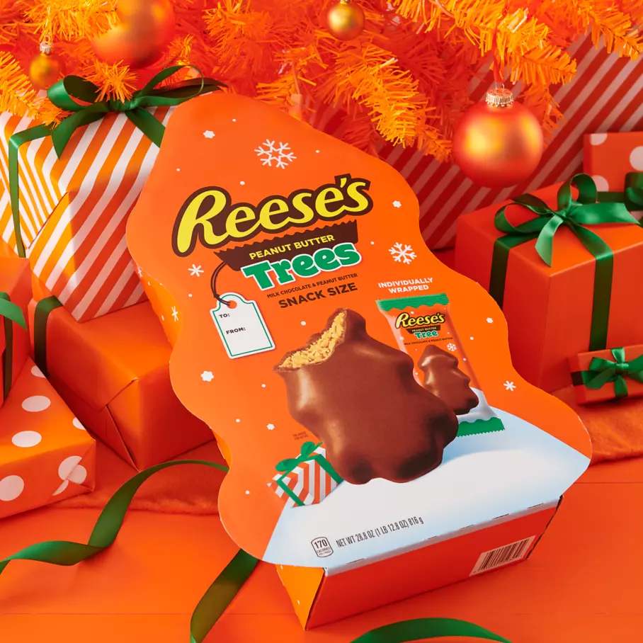 REESE'S Milk Chocolate Peanut Butter Snack Size Trees Gift Box under the Christmas tree
