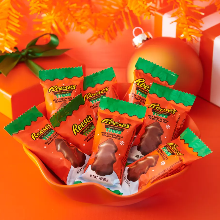Bowl of REESE'S Peanut Butter Trees under the Christmas tree