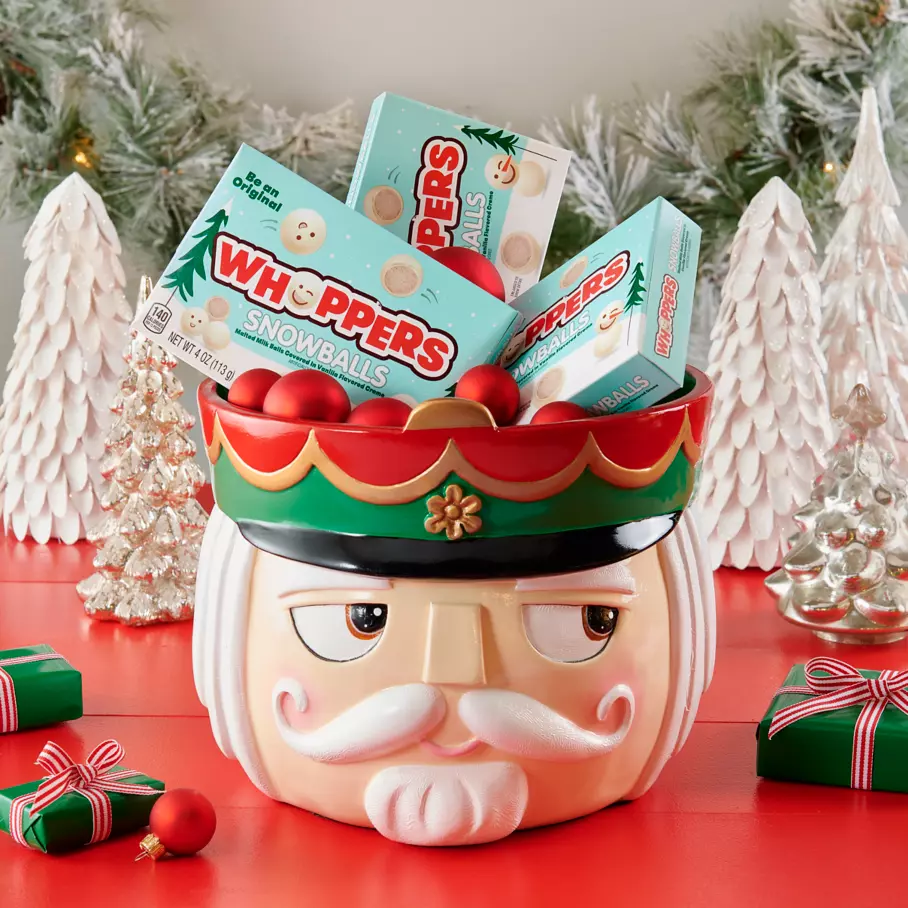 Boxes of WHOPPERS Snowballs inside nutcracker bowl