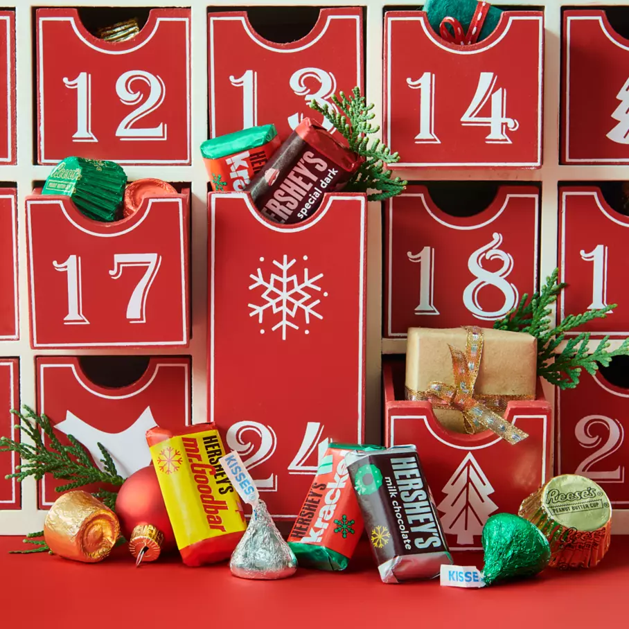 advent calendar drawers filled with assorted hersheys holiday candy