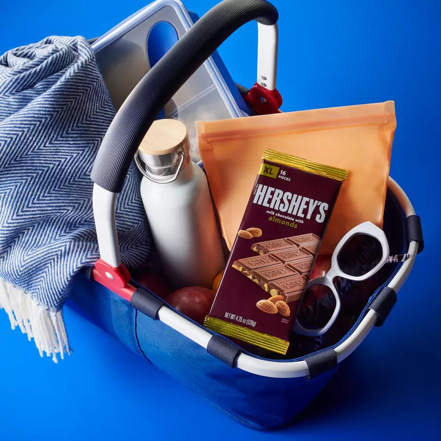 HERSHEY'S Milk Chocolate with Almonds XL Candy Bar inside picnic basket