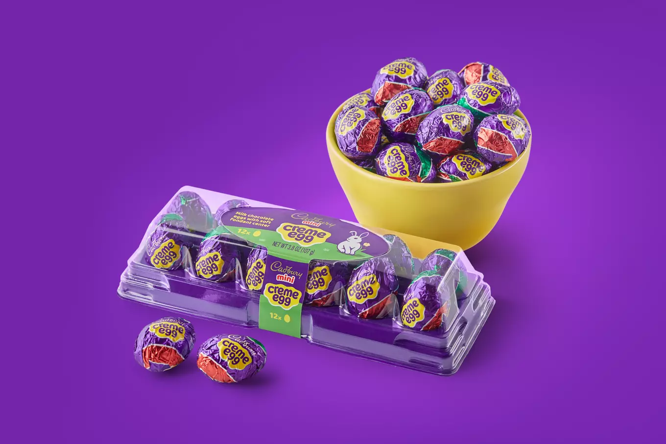 egg carton and bowl filled with cadbury mini creme milk chocolate eggs