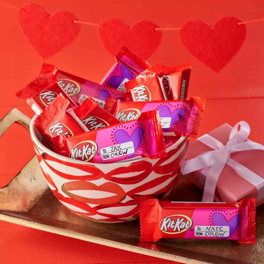 KIT KAT® Valentine Exchange Snack Size Candy Bars inside decorative bowl