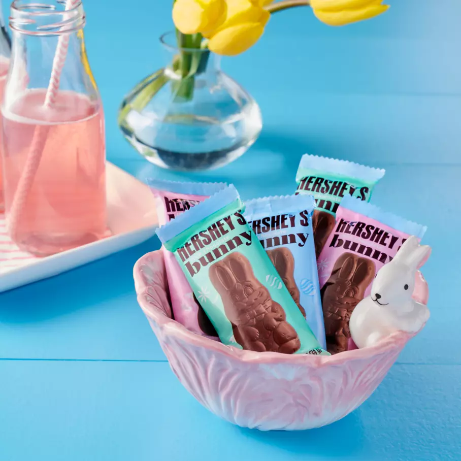 HERSHEY'S Milk Chocolate Bunnies inside flower shaped bowl