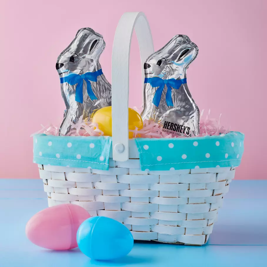 HERSHEY'S Solid Milk Chocolate Bunnies inside Easter basket