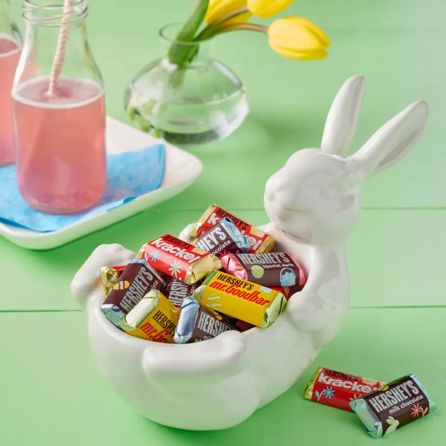 Assorted HERSHEY'S Miniature Candies inside bunny shaped bowl