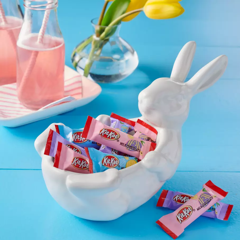 bunny shaped bowl filled with kit kat easter milk chocolate miniatures candy bars