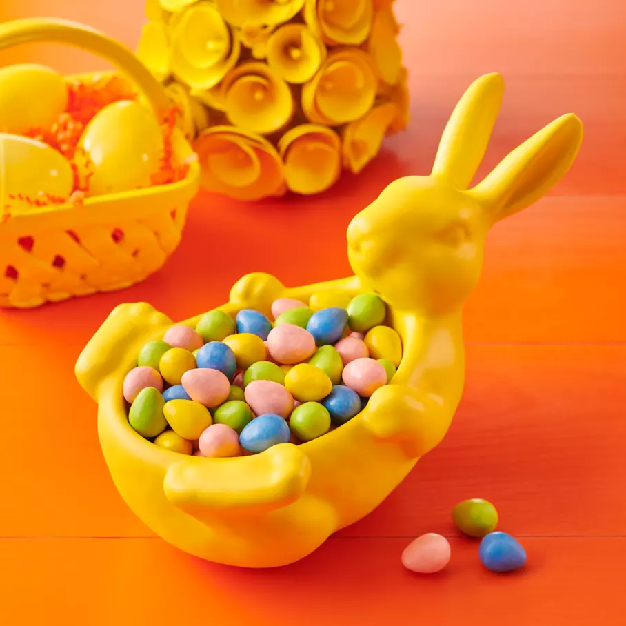REESE'S PIECES Peanut Butter Eggs inside bunny shaped bowl