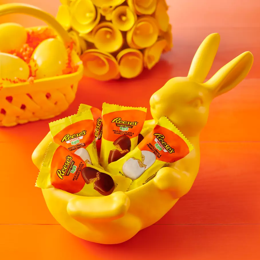 bunny shaped bowl filled with assorted reeses peanut butter snack size eggs