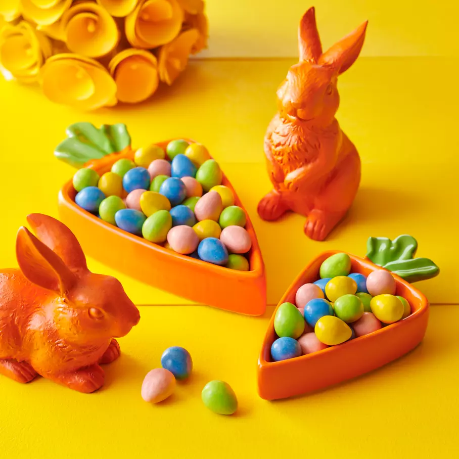 REESE'S PIECES Peanut Butter Eggs inside carrot shaped bowls