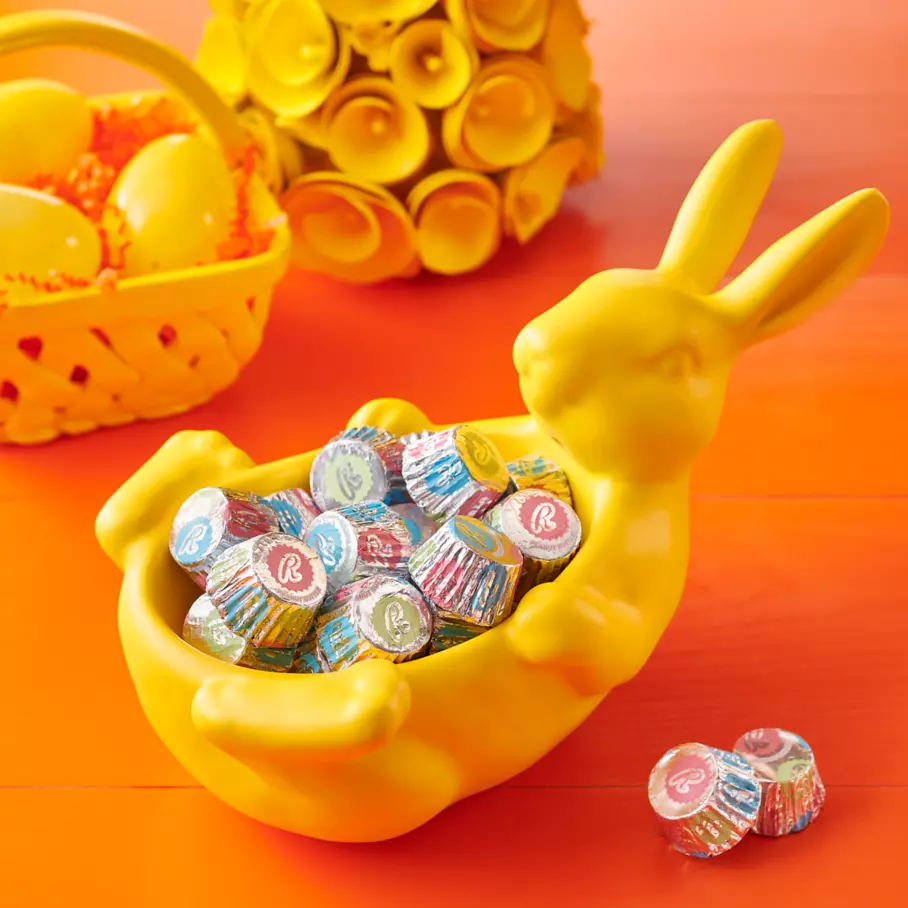 REESE'S White Creme Miniatures Peanut Butter Cups inside bunny shaped bowl