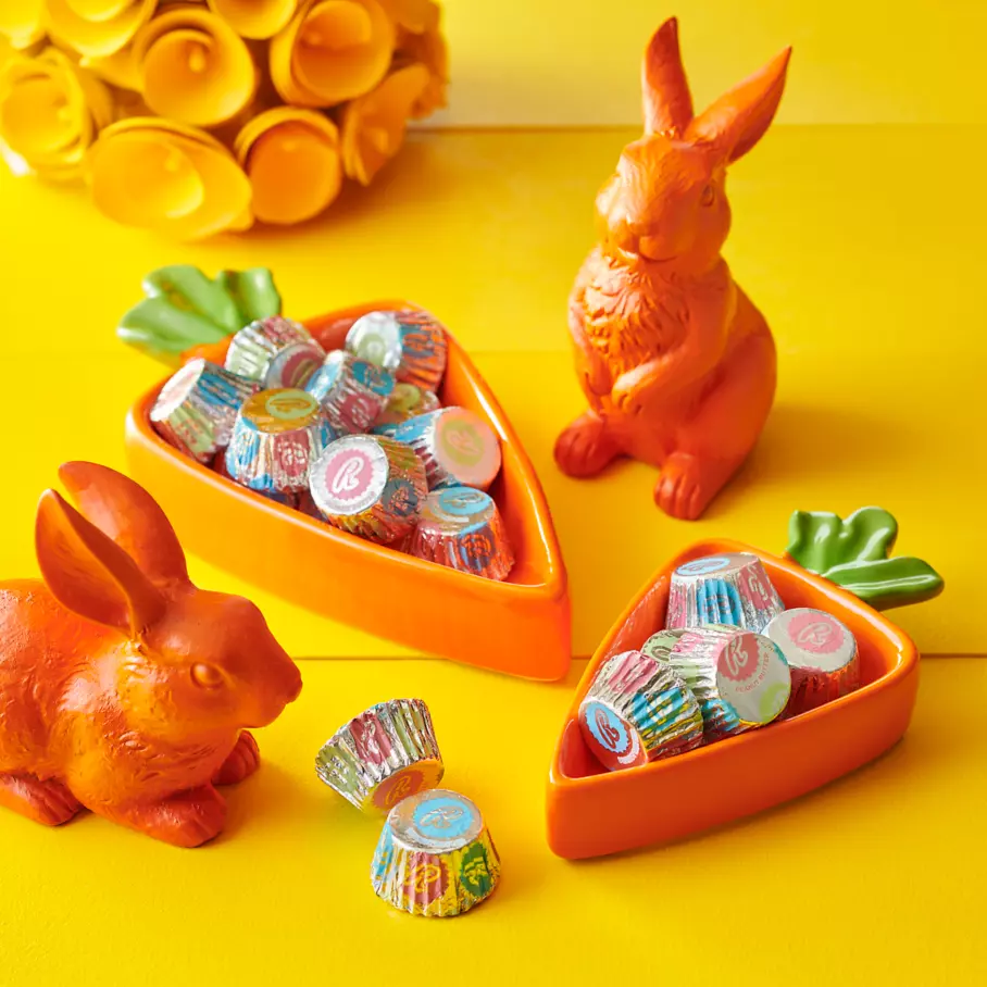 REESE'S White Creme Miniatures Peanut Butter Cups inside carrot shaped bowl