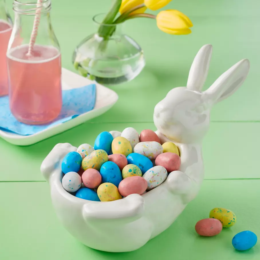bunny shaped bowl filled with whoppers robin eggs minis malted milk balls