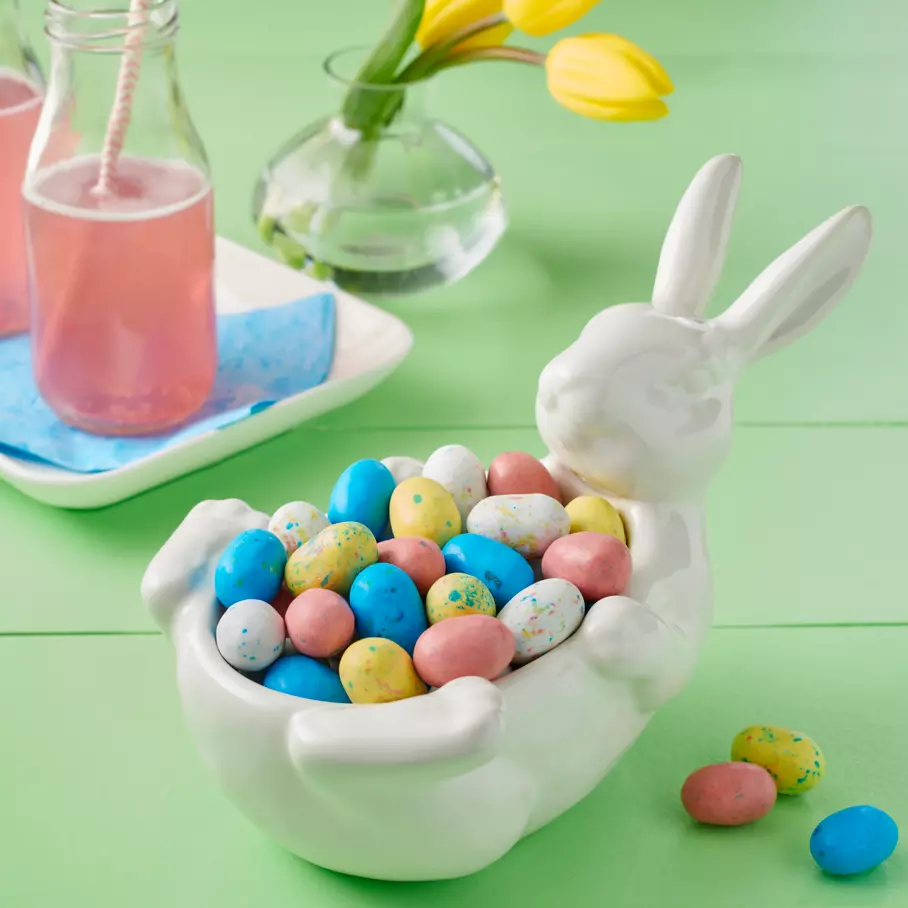 bunny shaped bowl filled with whoppers robin eggs malted milk balls