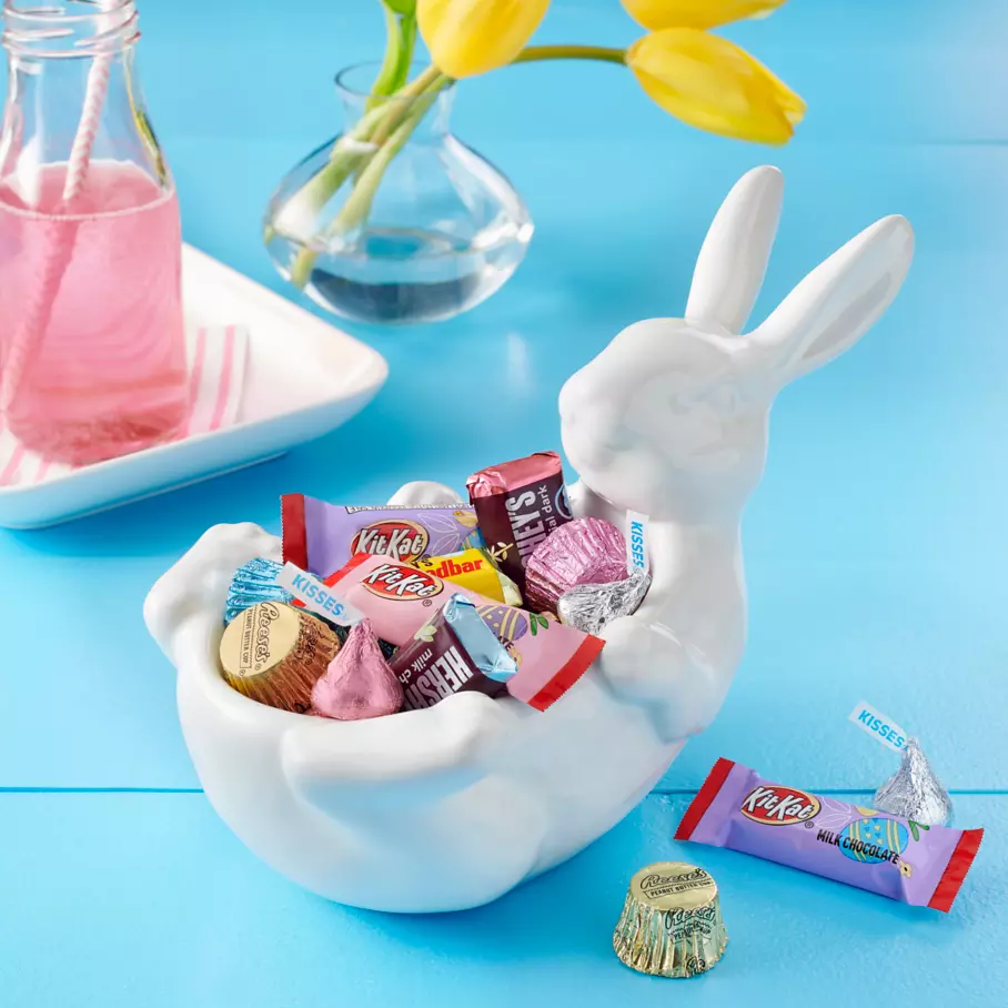 Hershey's Assorted Easter candy inside bunny shaped bowl