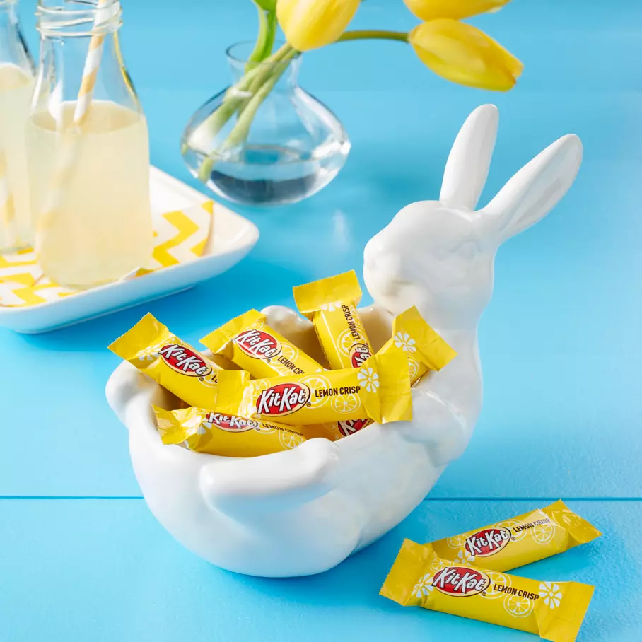 bunny shaped bowl filled with kit kat lemon crisp miniatures candy bars