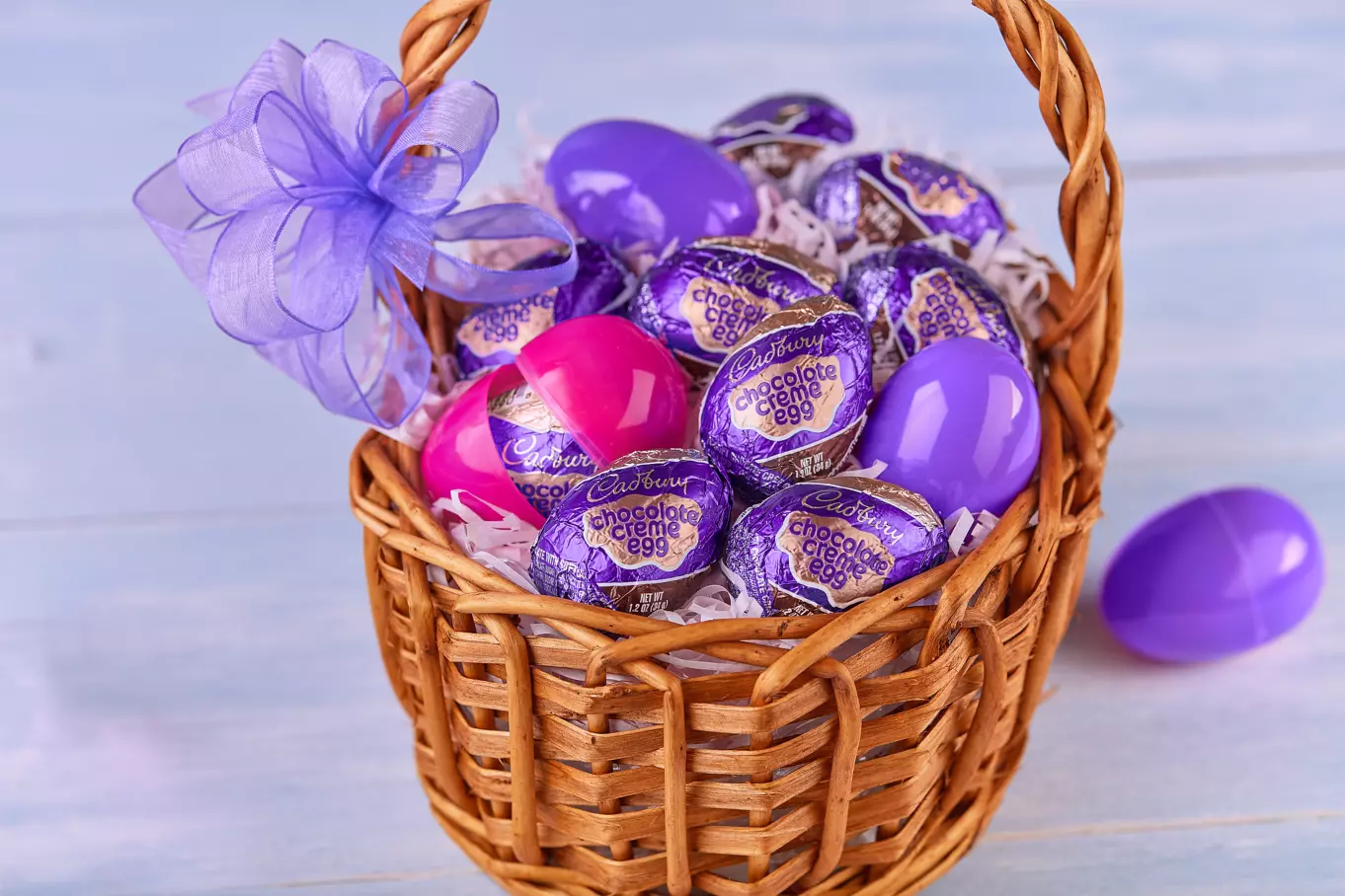 easter basket filled with cadbury milk chocolate creme eggs
