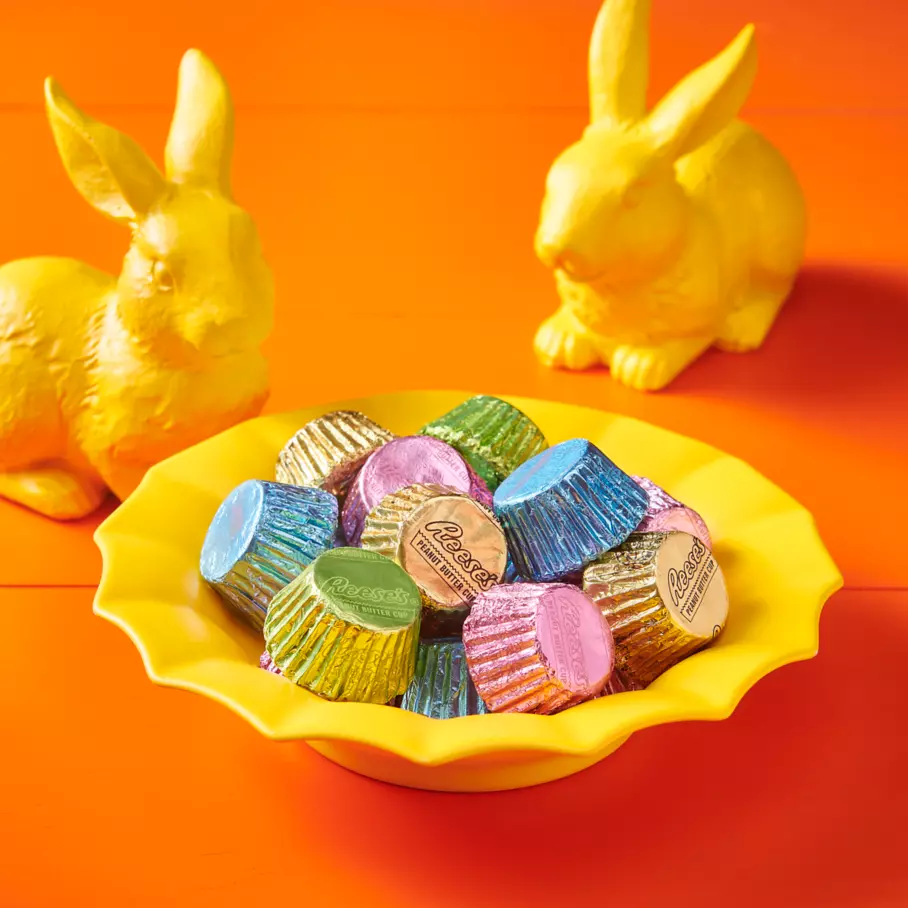 decorative bowl filled with reeses easter milk chocolate miniatures peanut butter cups