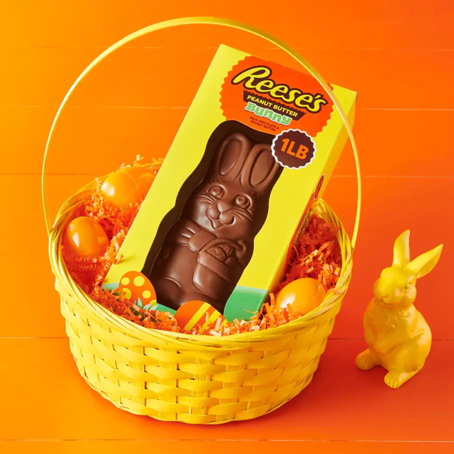 REESE'S Milk Chocolate Peanut Butter Bunny inside Easter basket