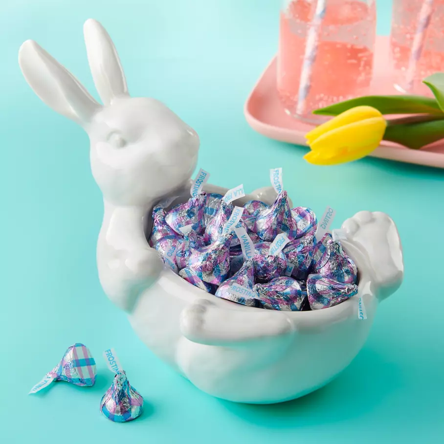 HERSHEY'S KISSES Vanilla Frosting Candy inside bunny shaped bowl