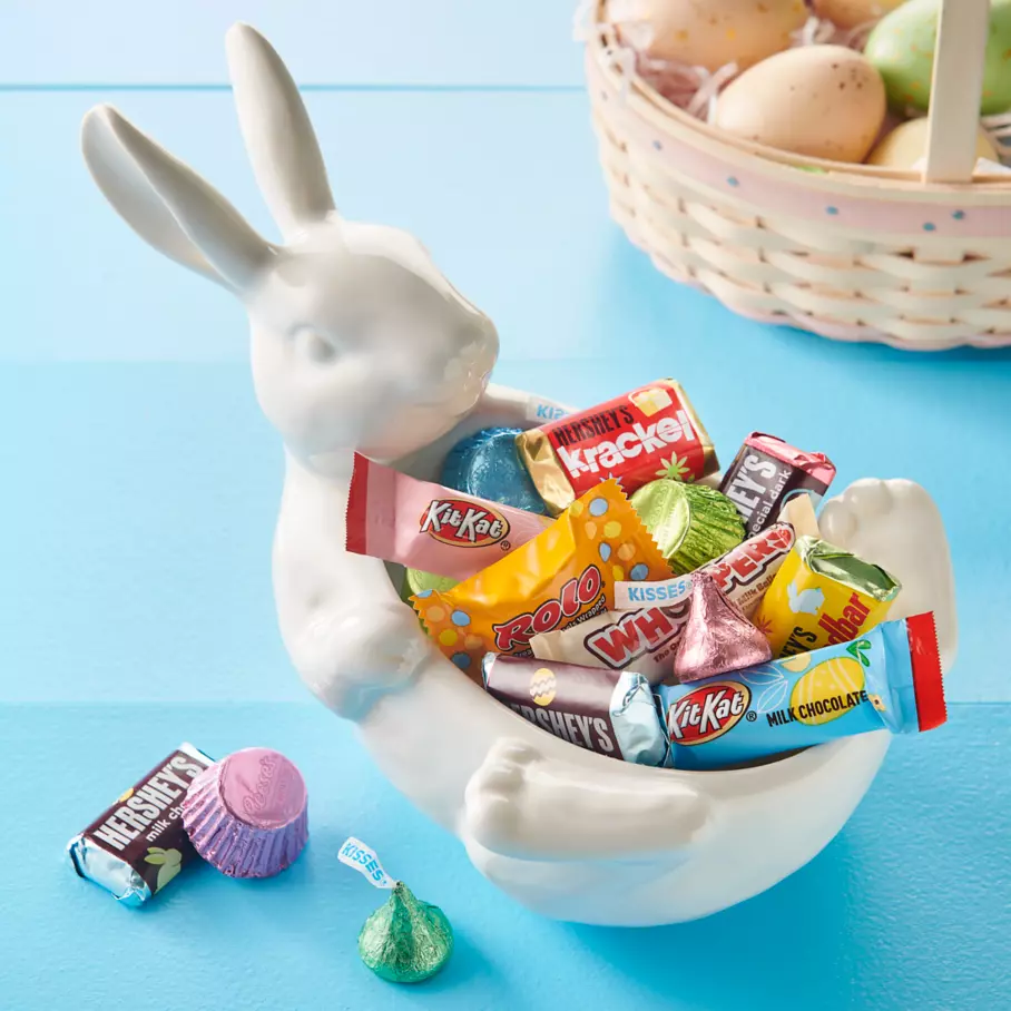 Assorted Hershey Candies inside bunny shaped bowl