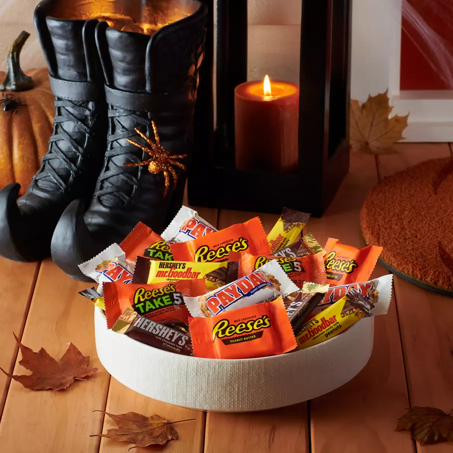 Bowl full of assorted hersheys halloween nut lovers snack size candy on front porch