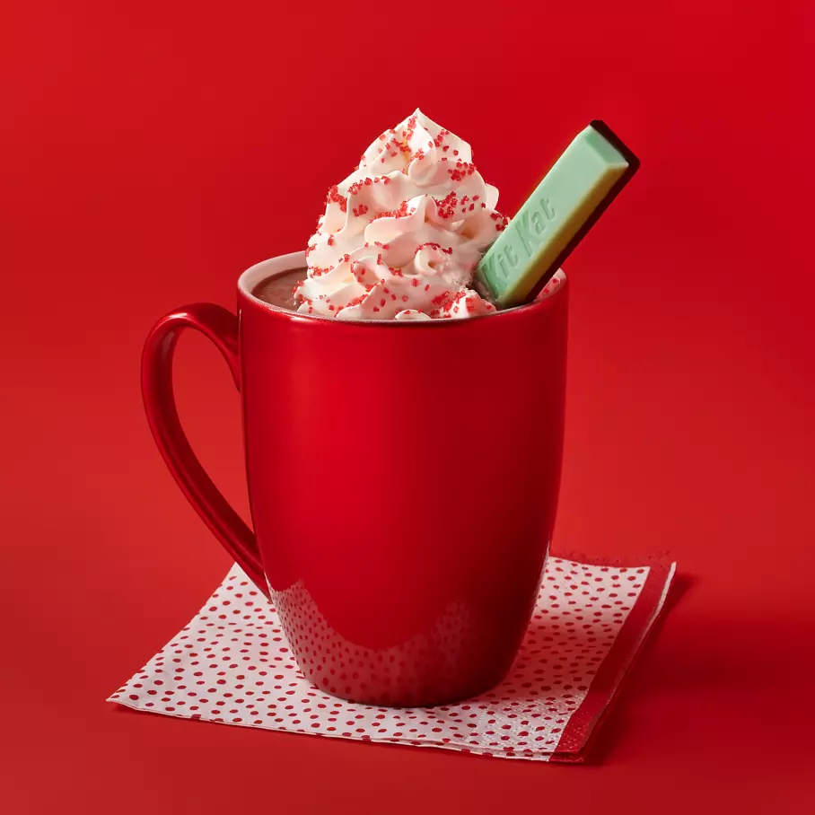 mug of hot cocoa topped with whipped cream and kit kat duos mint and dark chocolate wafer